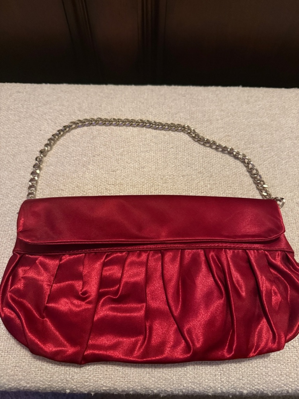 LOFT Satin Red Pleated Chain-Handle Clutch